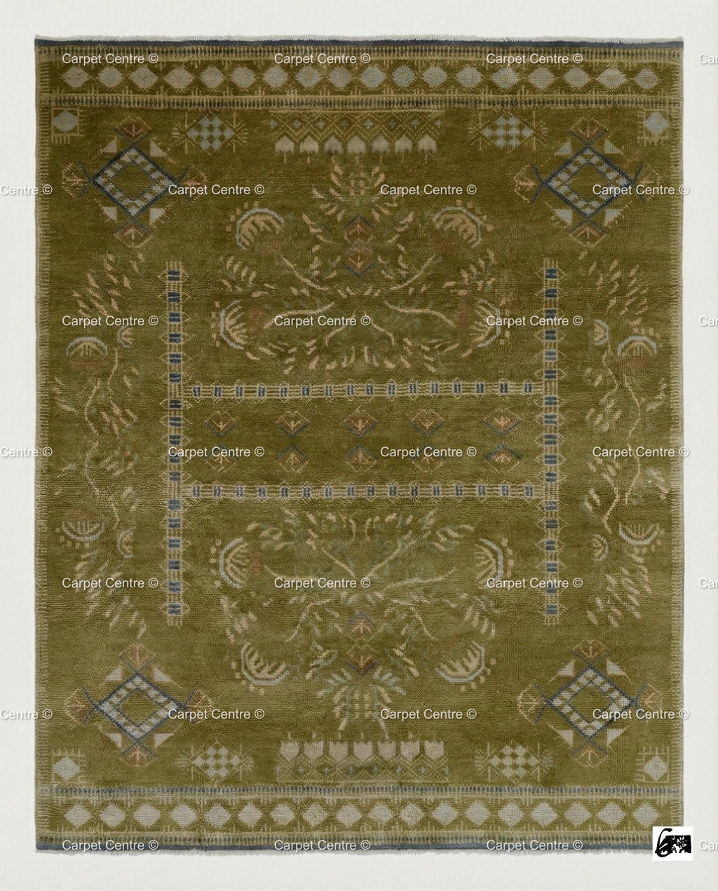 Hand-Knotted Olive Green Wool Oushak Rug 8x10 | Vintage Turkish Low Pile Carpet