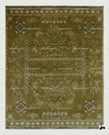Hand-Knotted Olive Green Wool Oushak Rug 8x10 | Vintage Turkish Low Pile Carpet