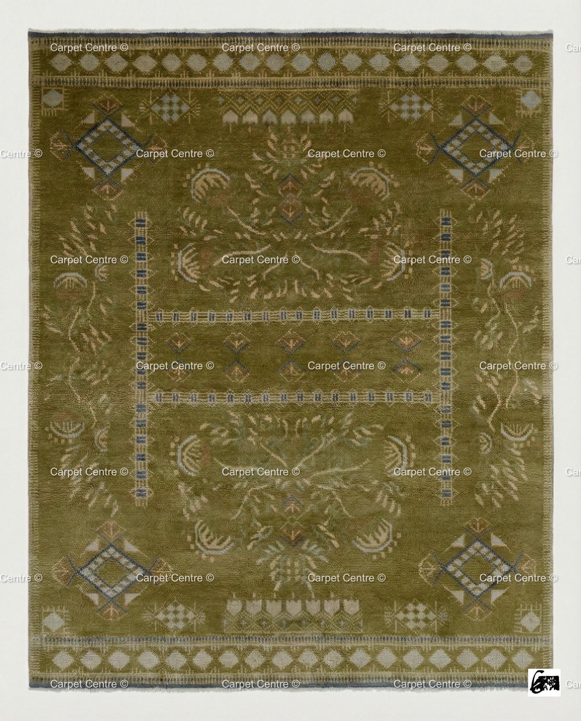 Hand-Knotted Olive Green Wool Oushak Rug 8x10 | Vintage Turkish Low Pile Carpet