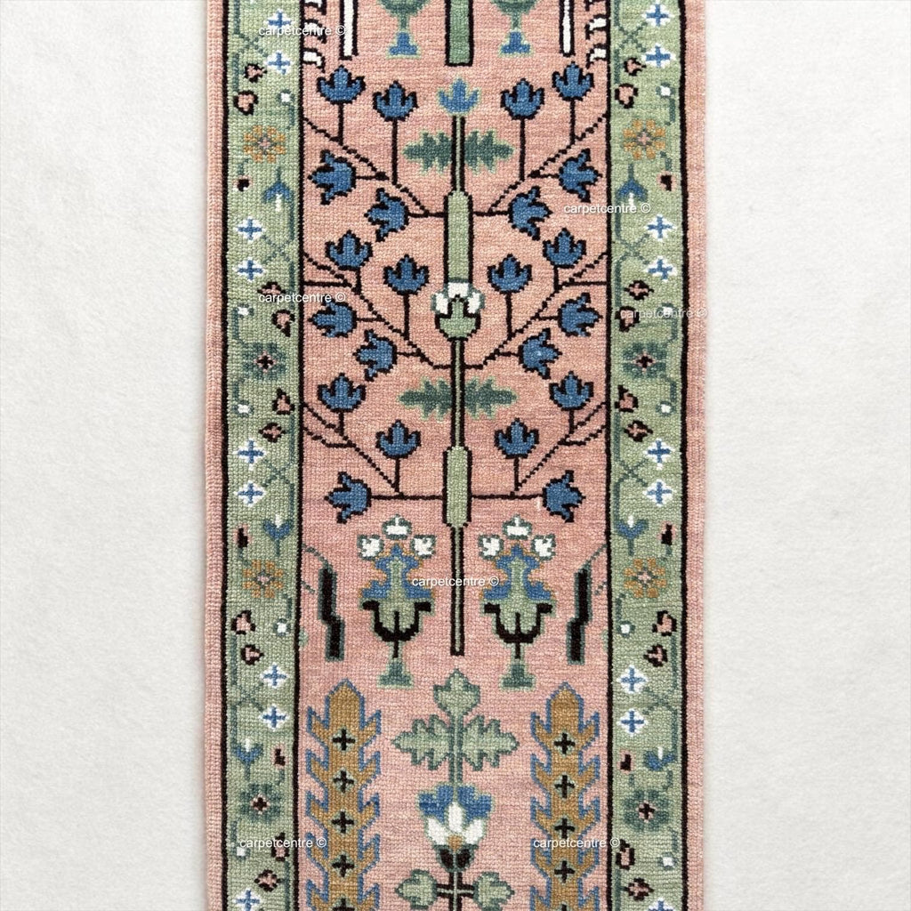 Handmade Wool Runner Rug: Pink and Green Oushak Tree of Life Design