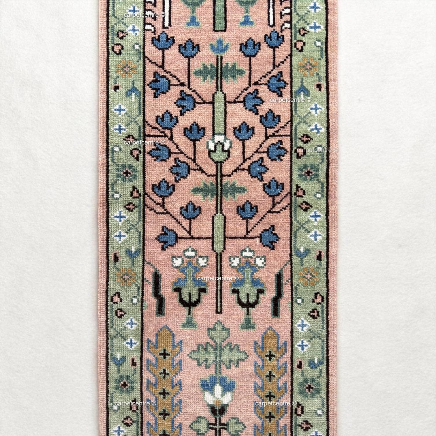 Handmade Wool Runner Rug: Pink and Green Oushak Tree of Life Design