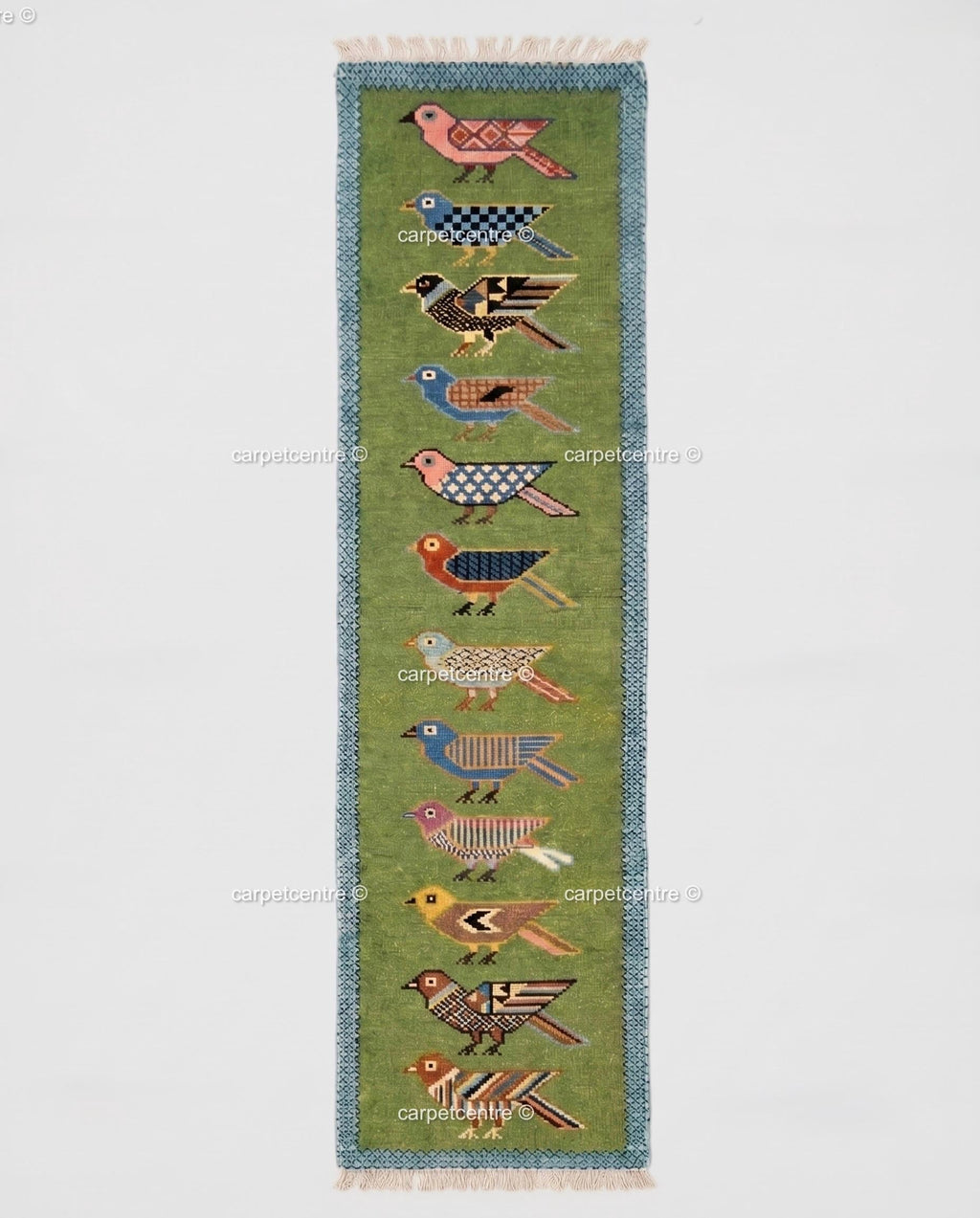 Handmade Wool Runner Rug, Folk Art Bird Design, Olive Green Carpet, Custom Sizes