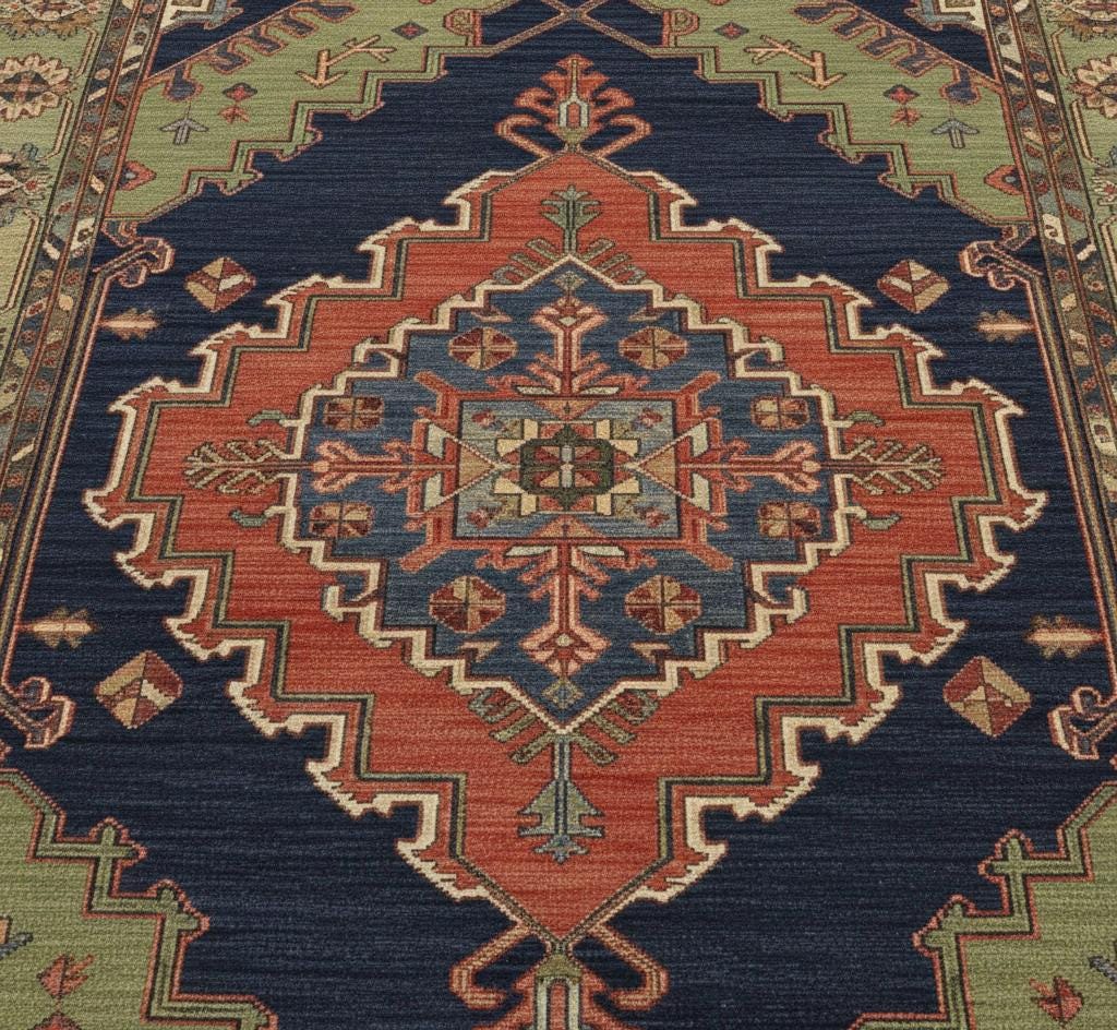 Hand-Knotted Oushak Wool Rug | Navy Blue Sage Green Geometric Medallion Living Room 8x10 9x12