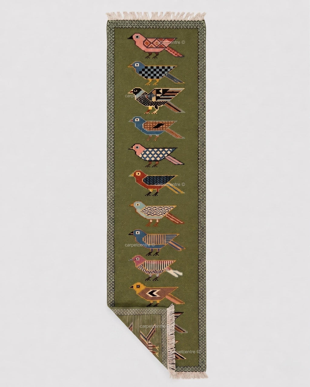 Handmade Wool Folk Art Bird Runner Rug, Green Hallway Carpet, Turkish Knot Artisan Made