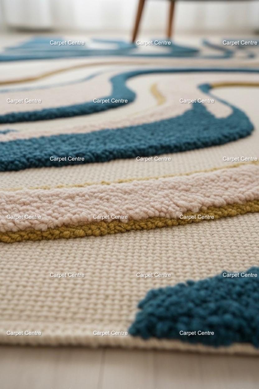 Handmade Teal Wave Wool Rug: Abstract Sculpted Texture