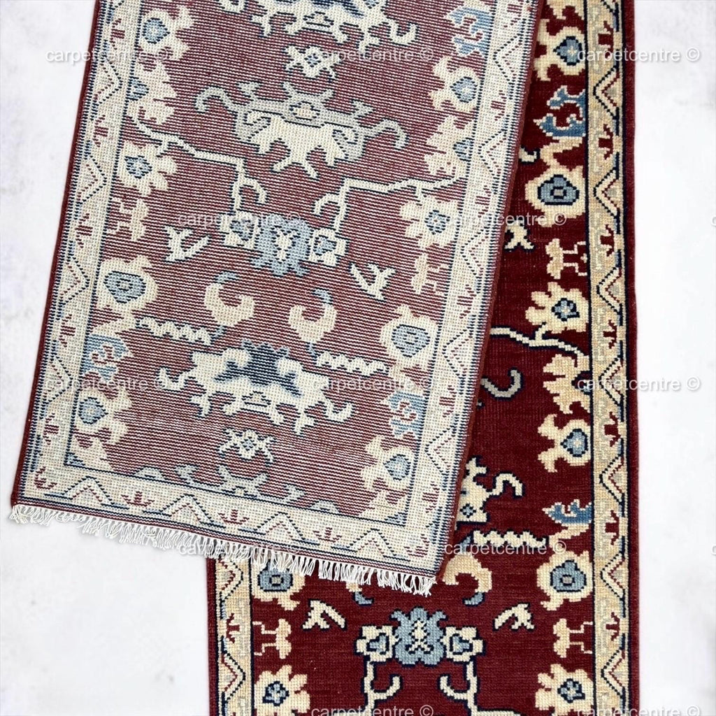 Hand-Knotted Rust Red Wool Runner Rug, Navy Blue Tribal Oushak Design