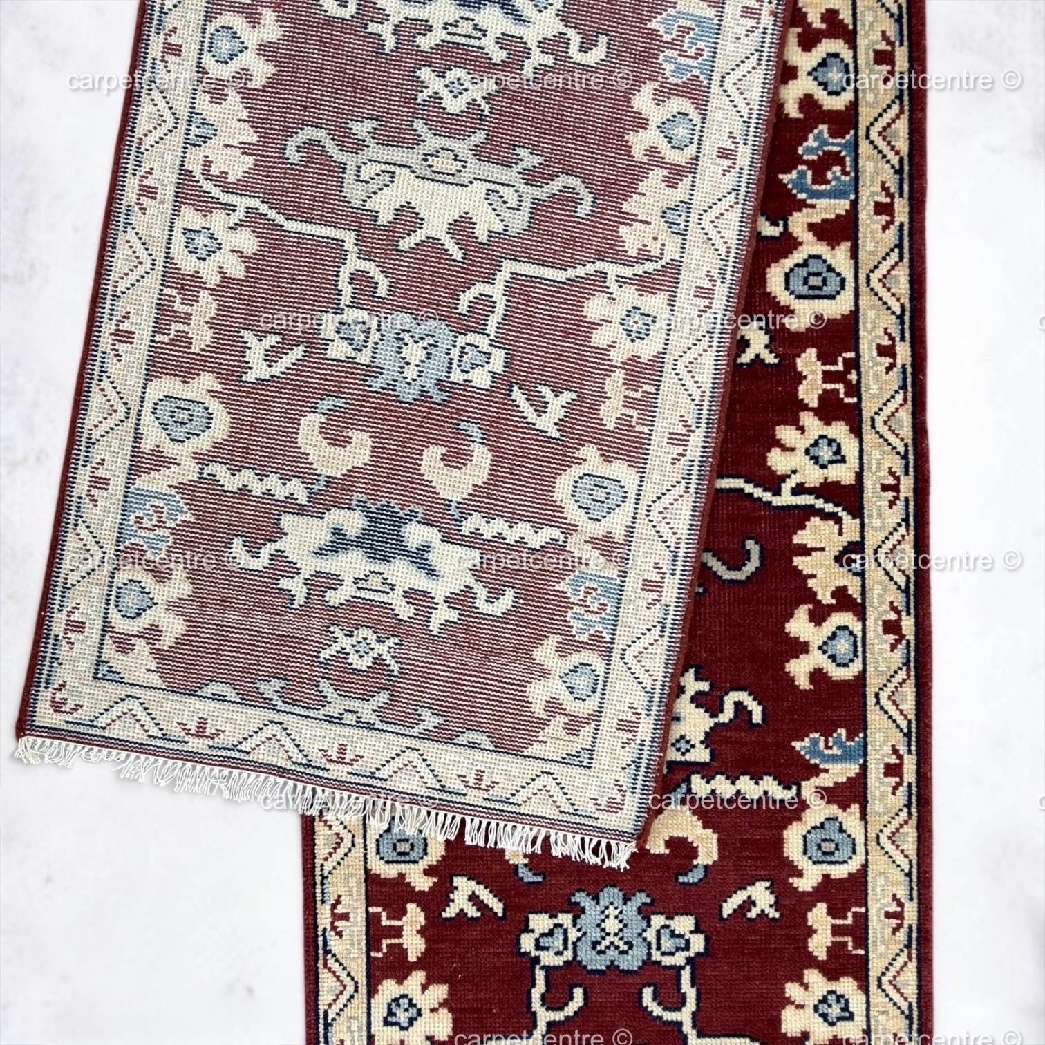 Hand-Knotted Rust Red Wool Runner Rug, Navy Blue Tribal Oushak Design