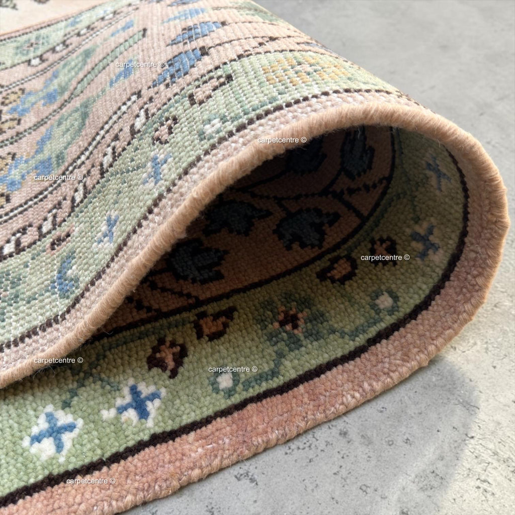 Handmade Wool Runner Rug: Pink and Green Oushak Tree of Life Design