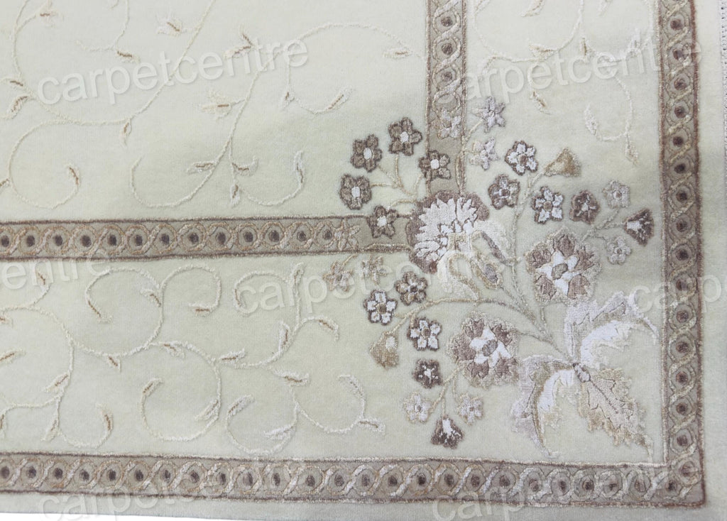 Handwoven Ivory Wool Rug: Vintage Persian Floral Art Silk