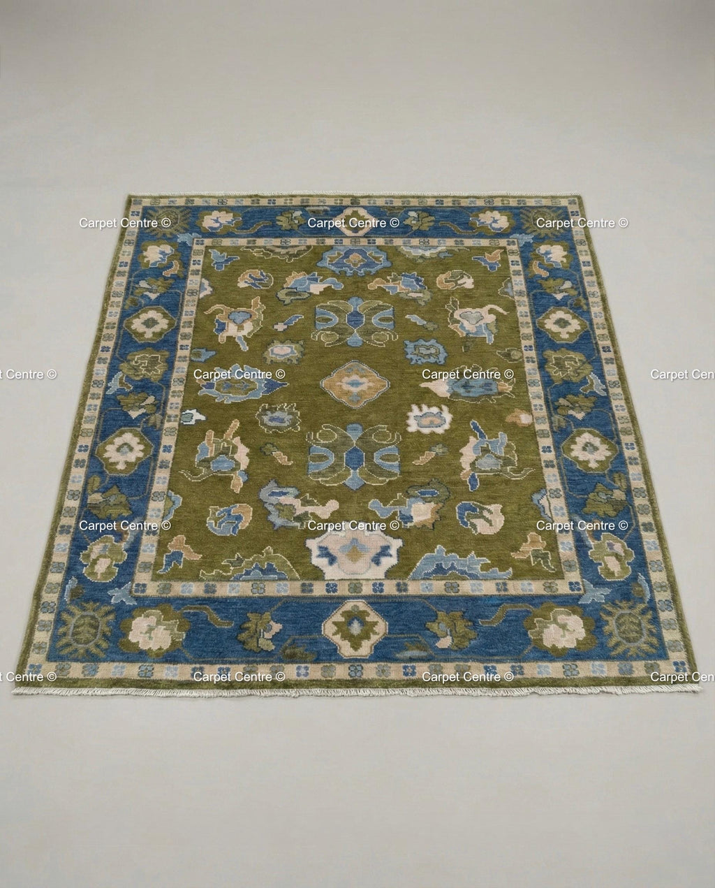 Hand Knotted Wool Oushak Rug, Olive Green, Navy Border