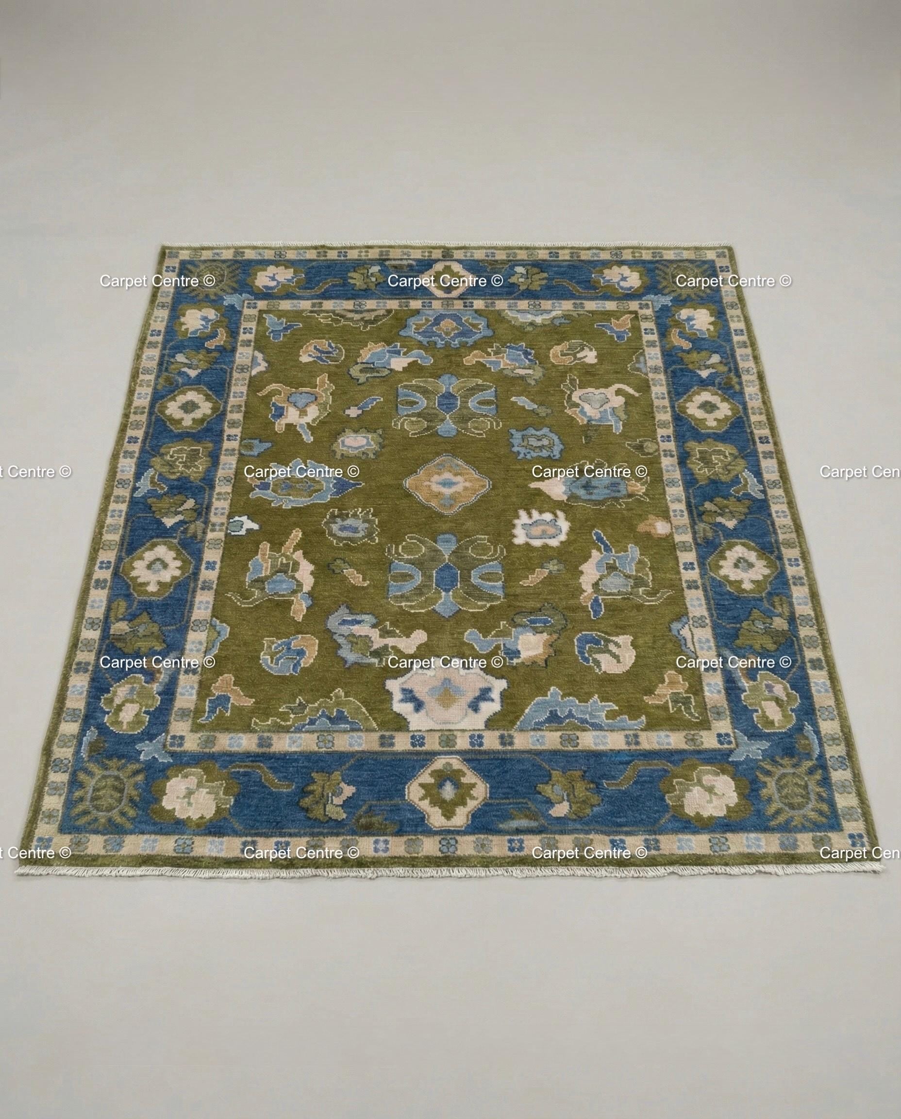 Hand Knotted Wool Oushak Rug, Olive Green, Navy Border