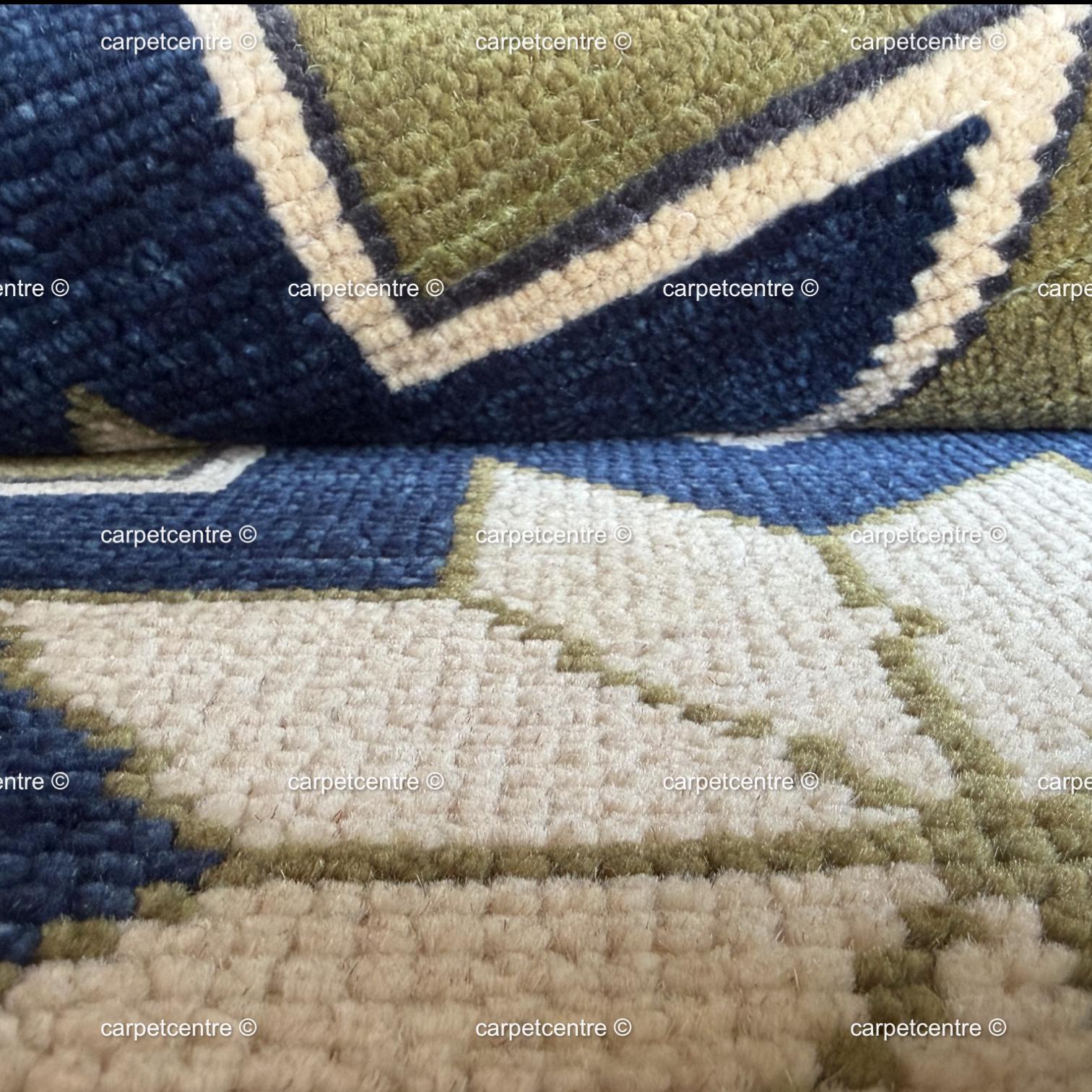 Moss Green Wool Runner Rug, Turkish Knot Star Design, Geometric Hallway Entryway Carpet