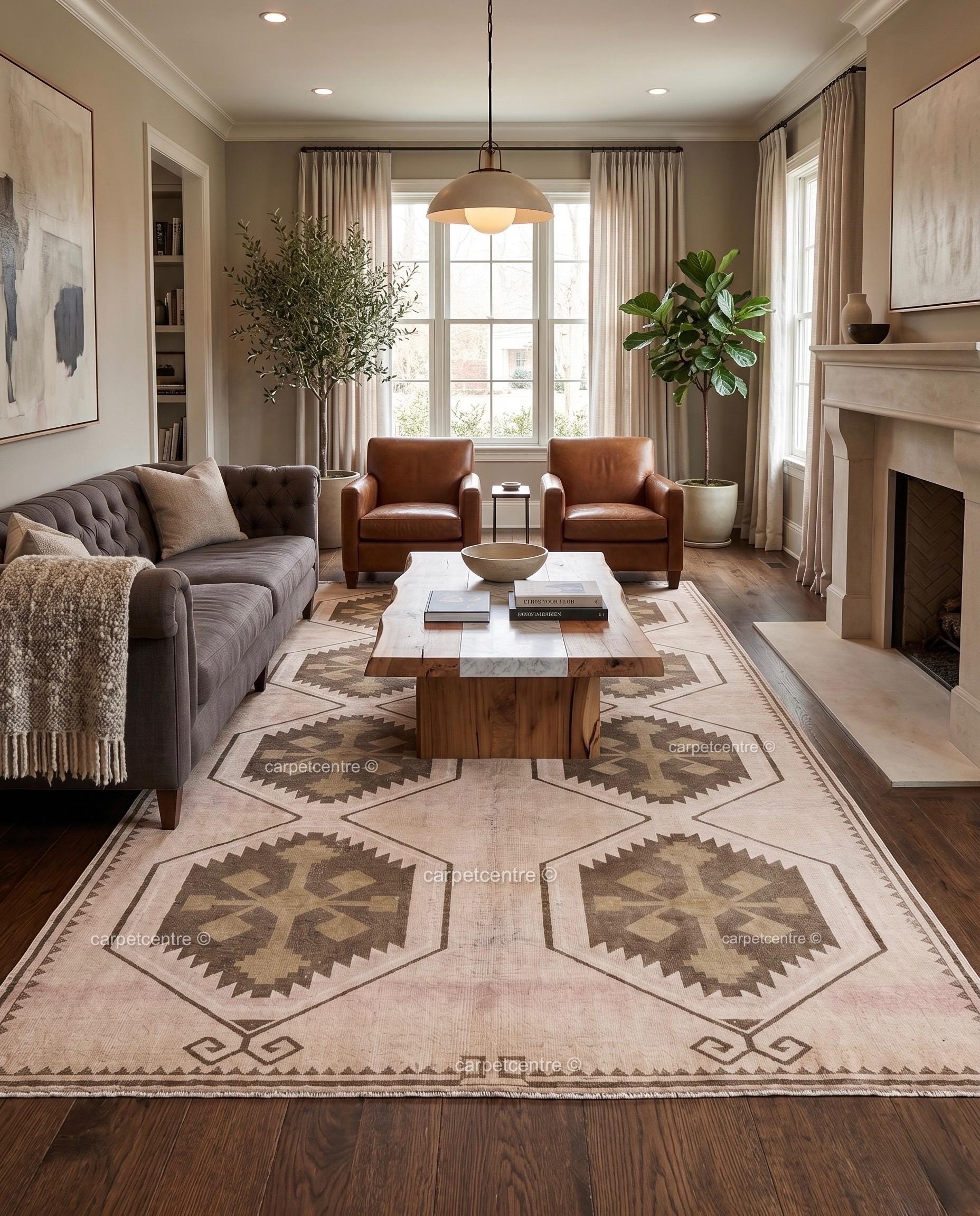 Hand-Knotted Wool Oushak Rug | Neutral Geometric Tribal Carpet, Beige Brown Style