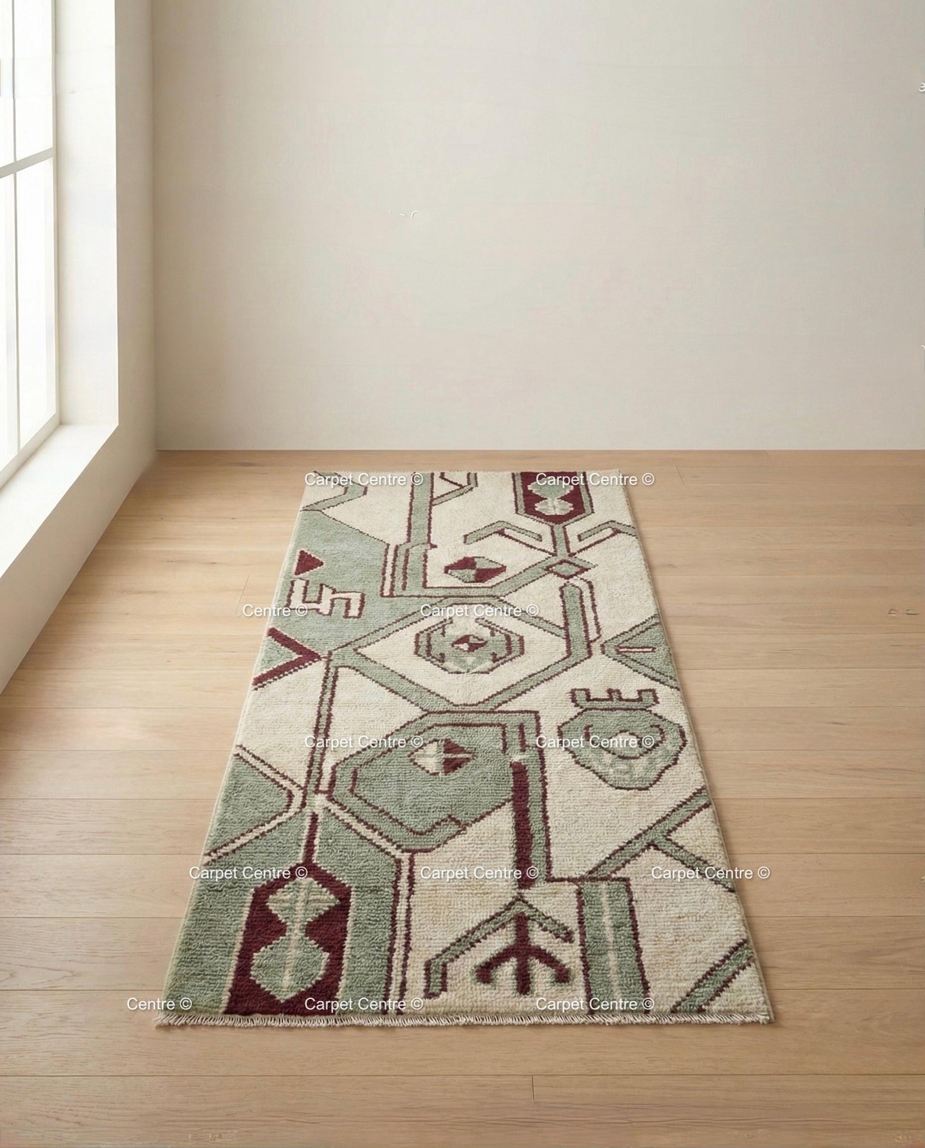 Cream Oushak Wool Runner Rug, Sage Green Geometric Turkish Knot