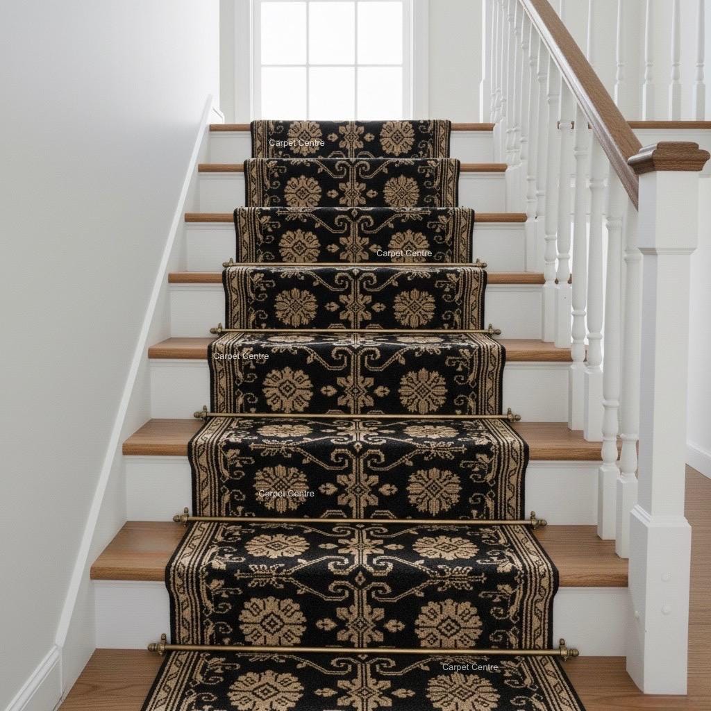 Hand-Knotted Wool Runner Rug, Black and Beige Floral Lattice, Oushak Quality