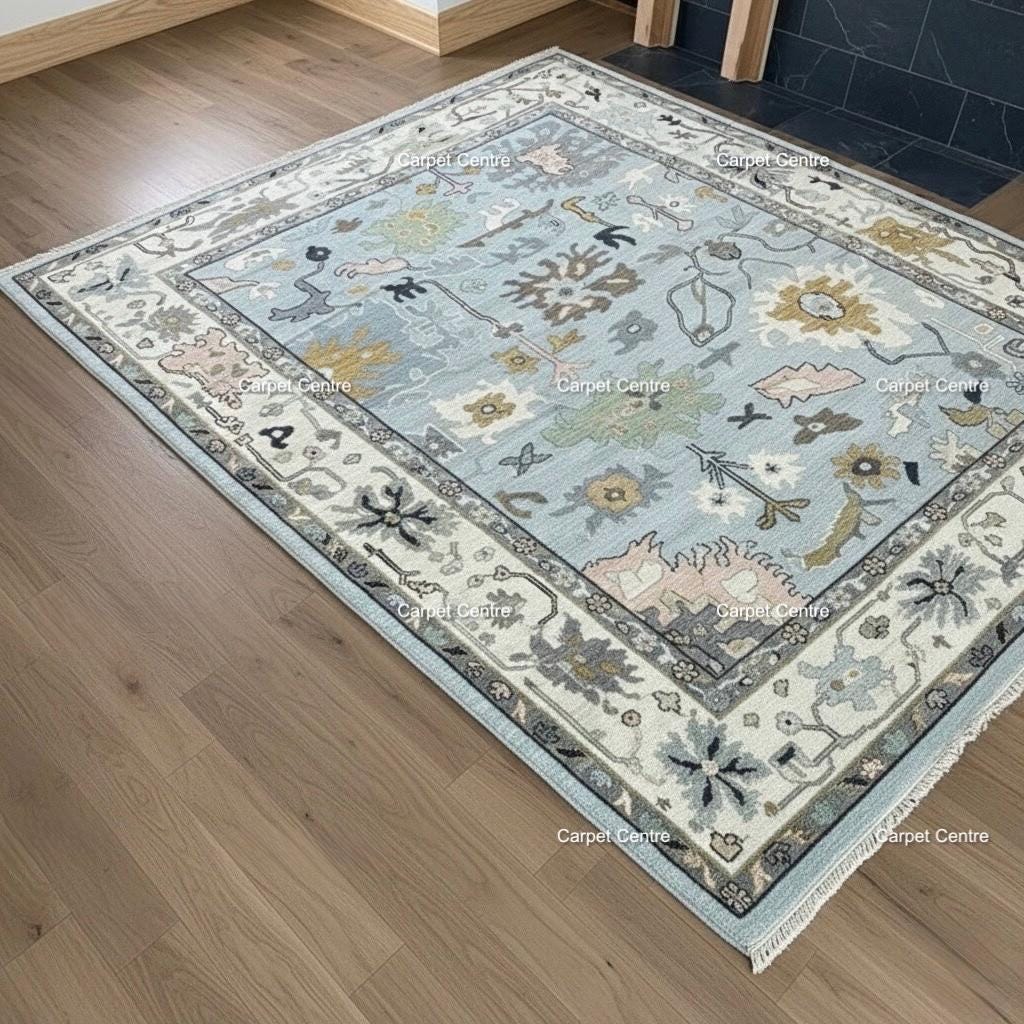 Light Blue Oushak Rug, Hand-Knotted Wool 8x10, Farmhouse Floral