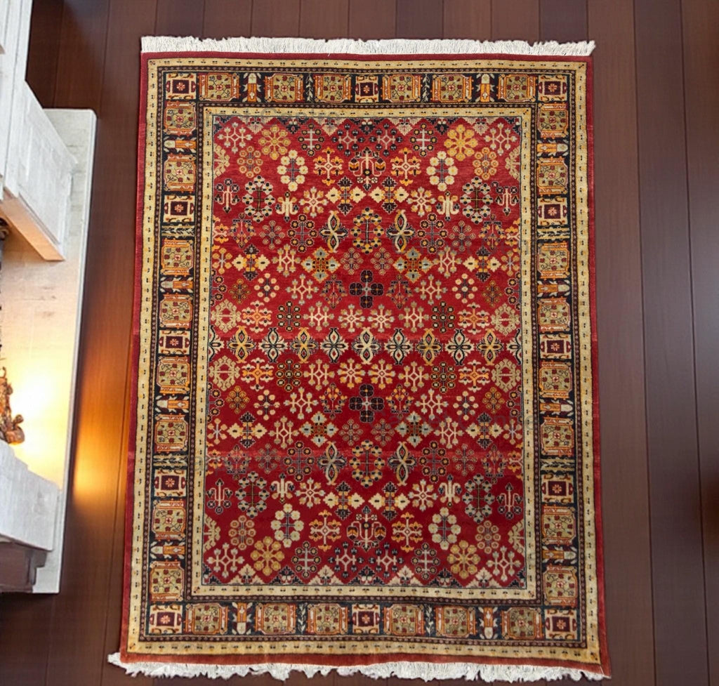 Red New Zealand Wool Rug: Hand-Knotted Geometric 5'7" x 7'10"