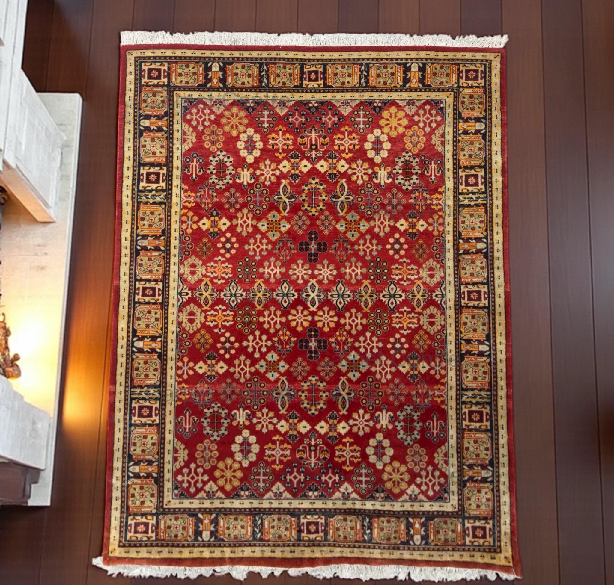 Red New Zealand Wool Rug: Hand-Knotted Geometric 5'7" x 7'10"