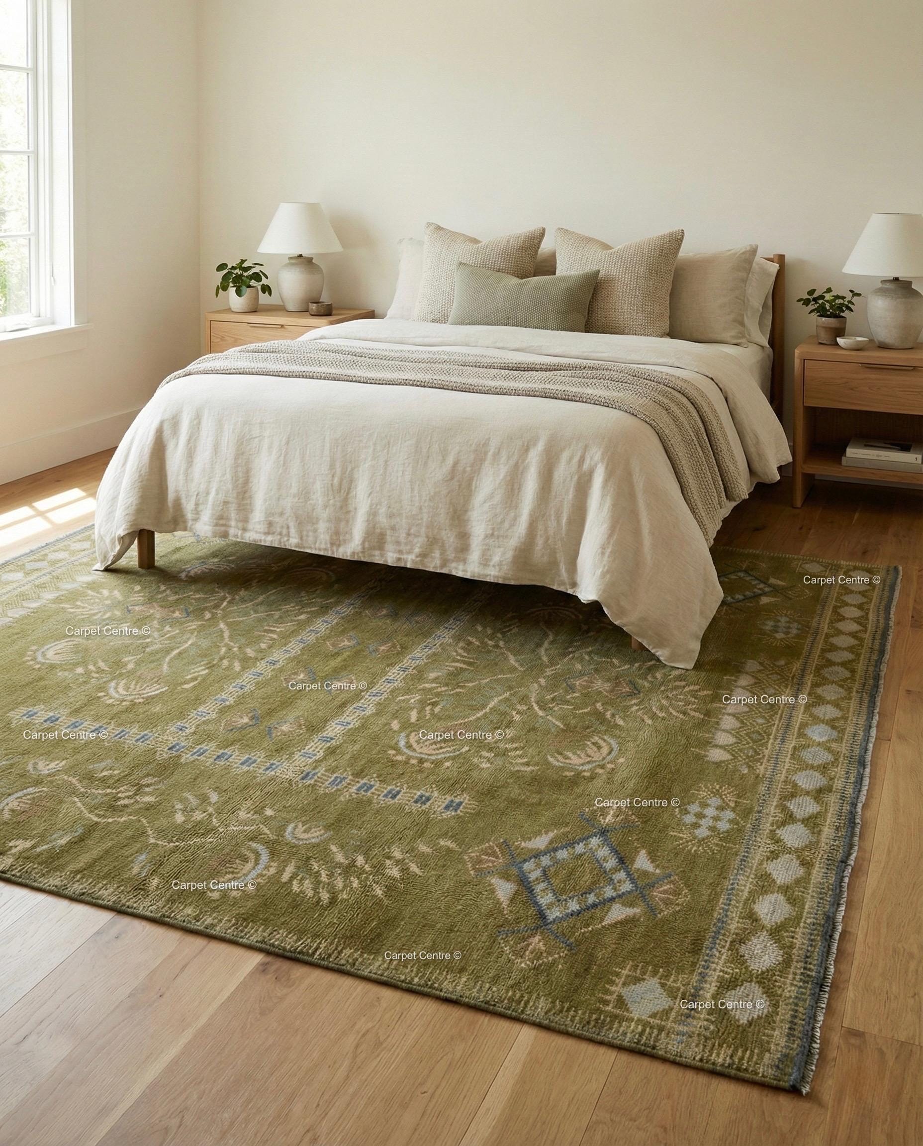 Hand-Knotted Olive Green Wool Oushak Rug 8x10 | Vintage Turkish Low Pile Carpet