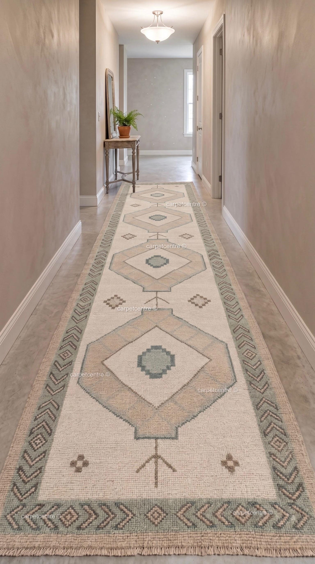 Vintage Oushak Runner Rug | Cream Geometric Turkish Hallway Rug | Boho Chevron Entryway 100% Wool