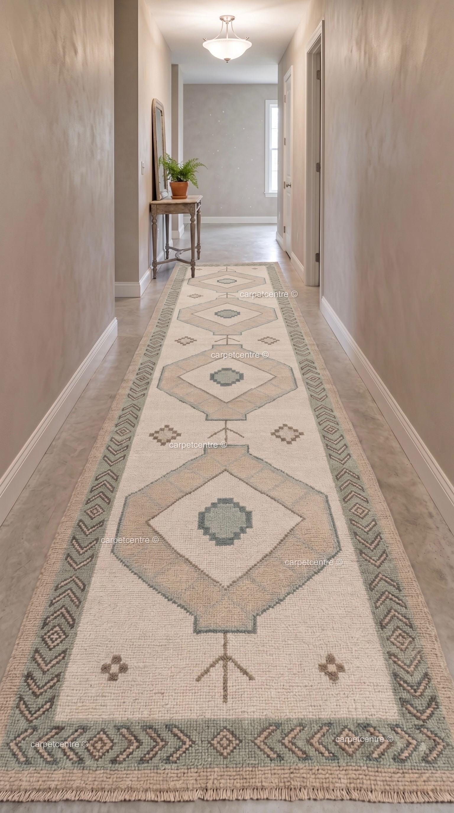 Vintage Oushak Runner Rug | Cream Geometric Turkish Hallway Rug | Boho Chevron Entryway 100% Wool