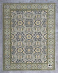 Hand Knotted Oushak Wool Rug | Sage Green Geometric Design
