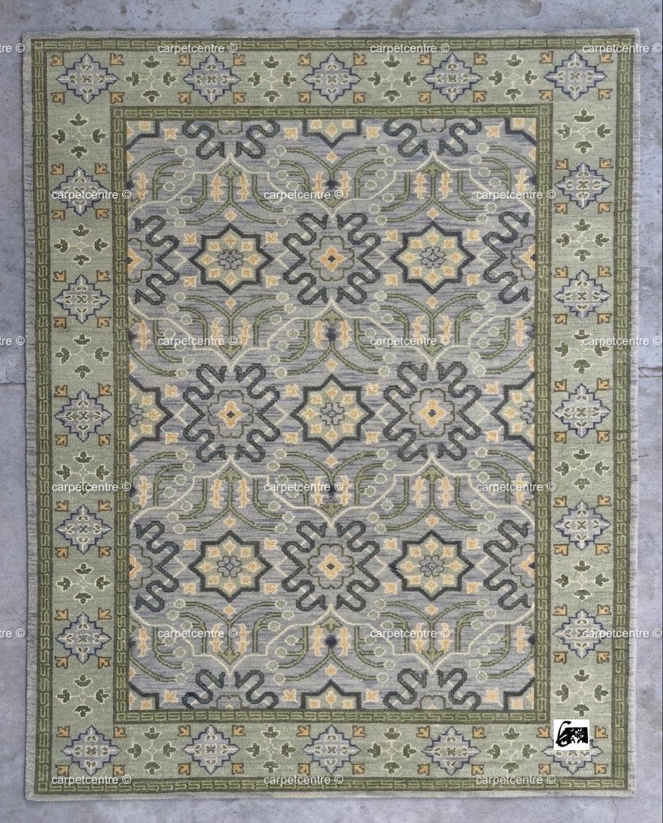 Hand Knotted Oushak Wool Rug | Sage Green Geometric Design