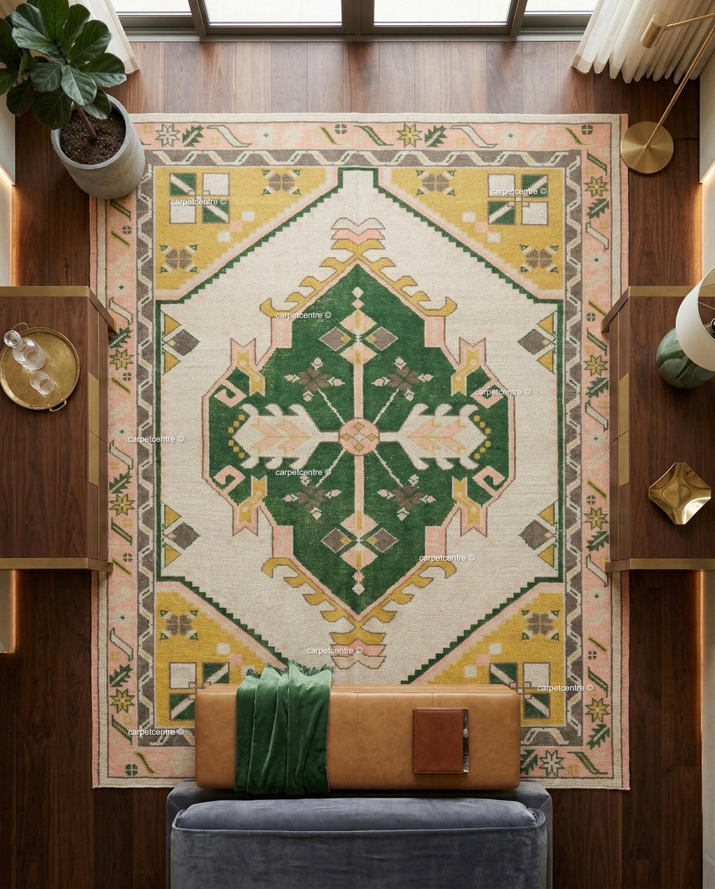 Hand Knotted Wool Oushak Rug | Green, Yellow, Pink Geometric Boho Area Rug