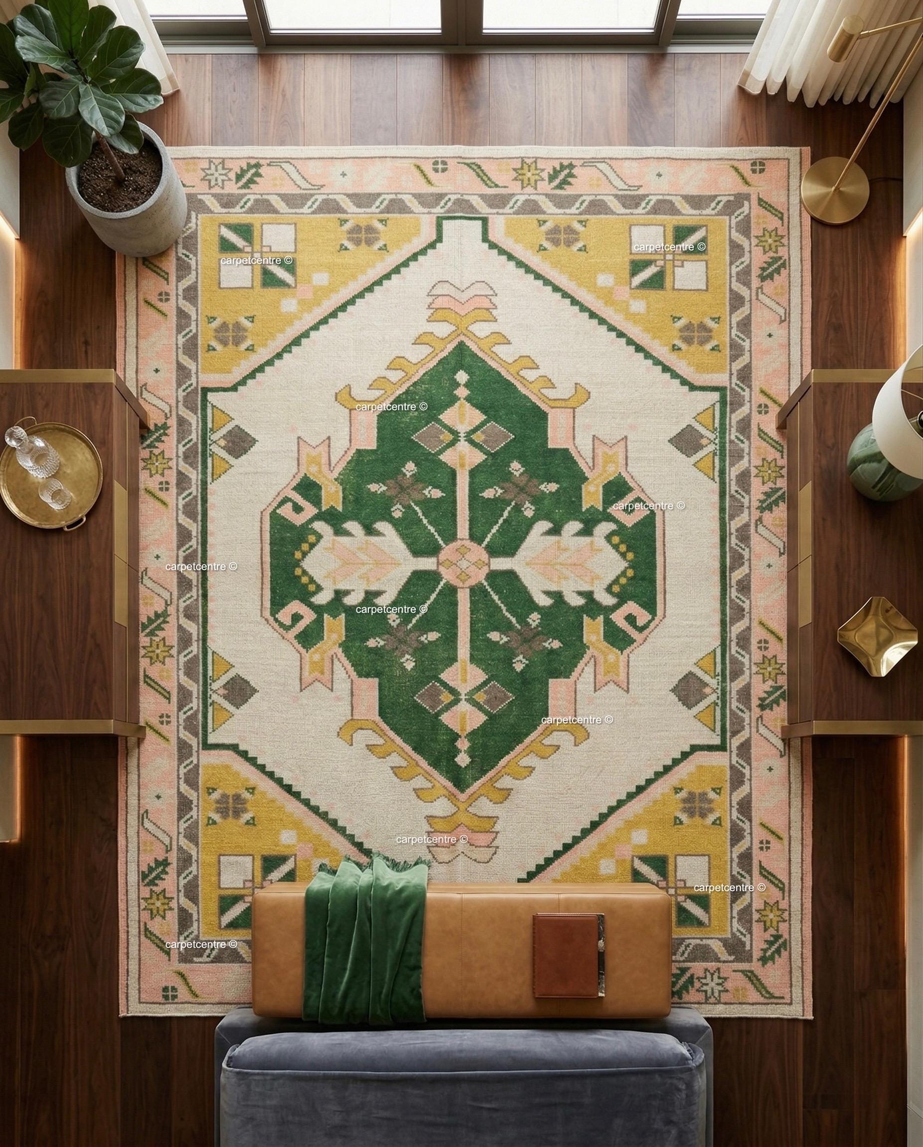 Hand Knotted Wool Oushak Rug | Green, Yellow, Pink Geometric Boho Area Rug