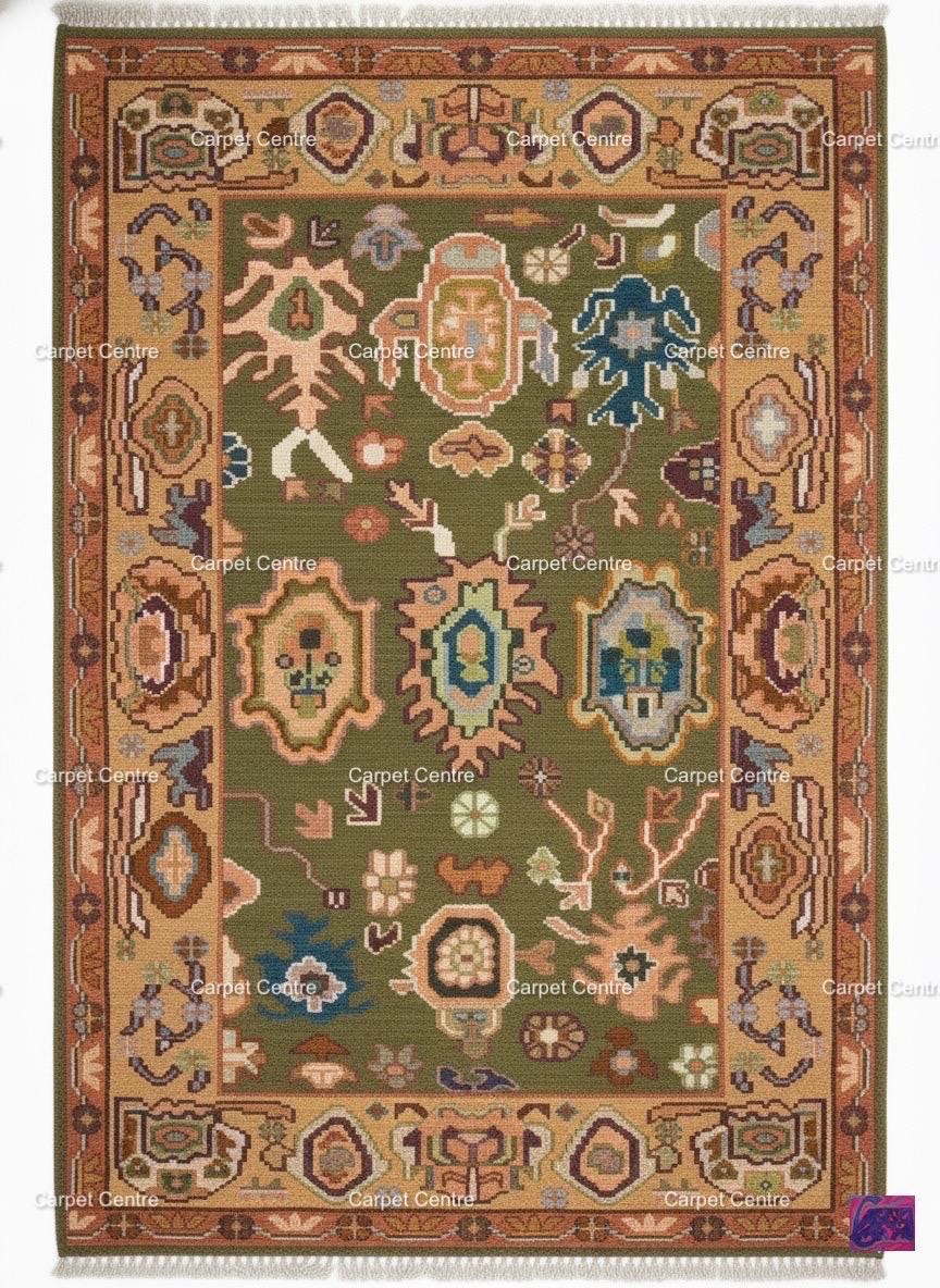 Olive Green Oushak Rug, Hand-Knotted Wool, Boho Farmhouse Decor