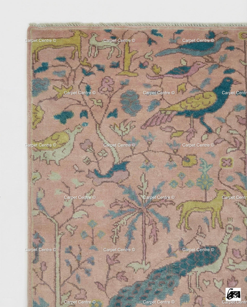 Blush Pink Wool Oushak Rug, Hand-Knotted Tree of Life Animal Nursery Rug