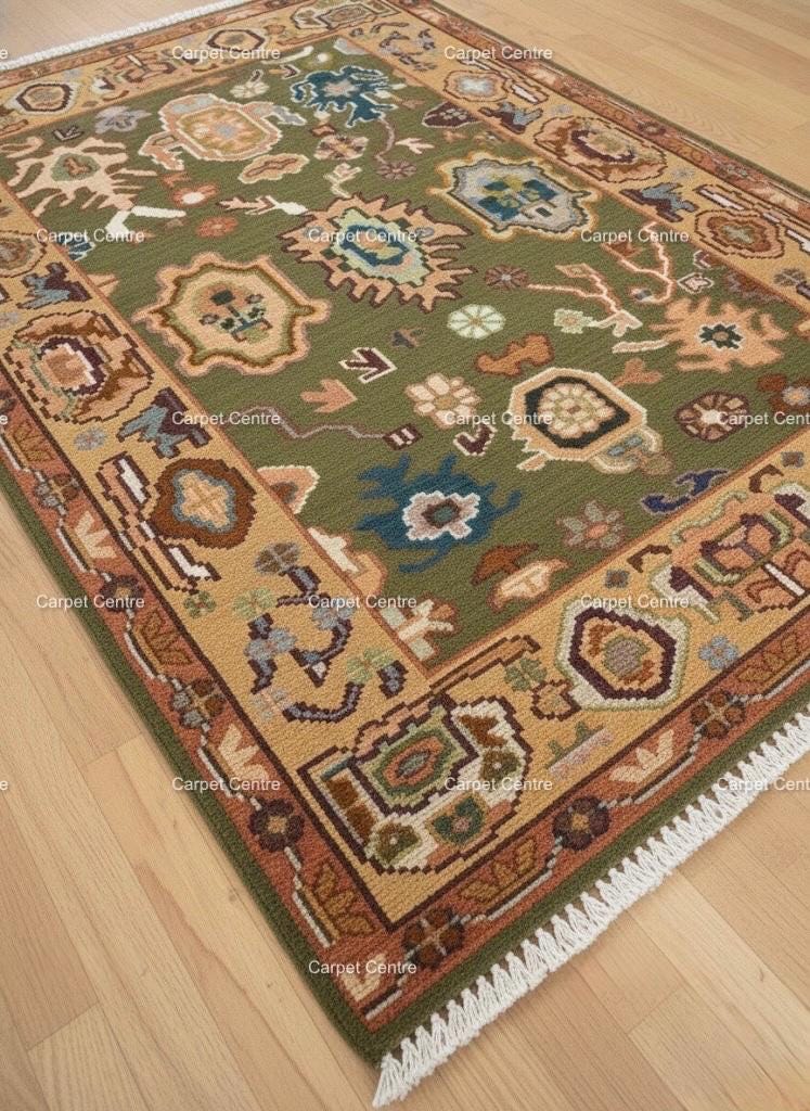 Olive Green Oushak Rug, Hand-Knotted Wool, Boho Farmhouse Decor