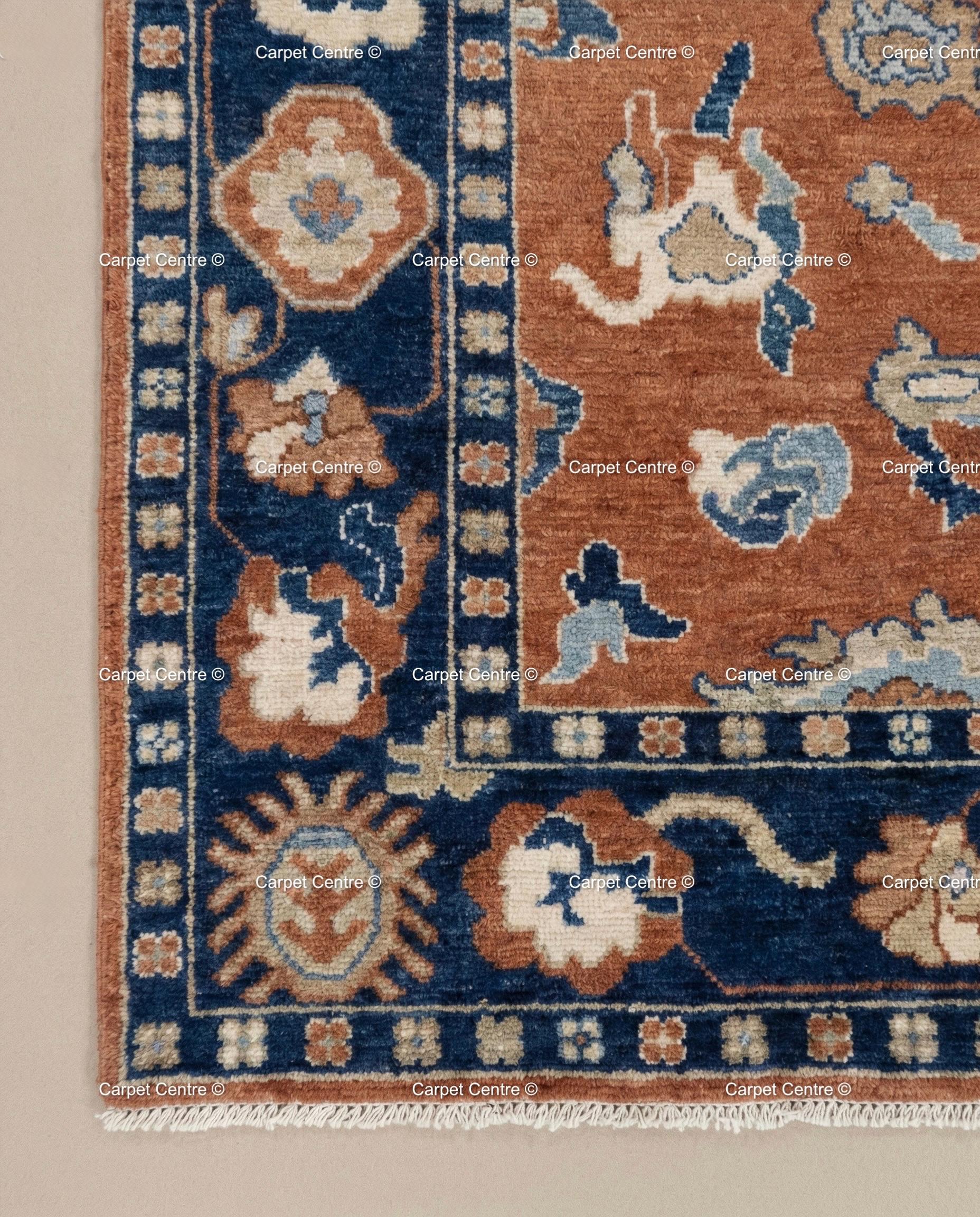 Rust Orange Oushak Rug, Navy Border, Hand Knotted Wool Carpet