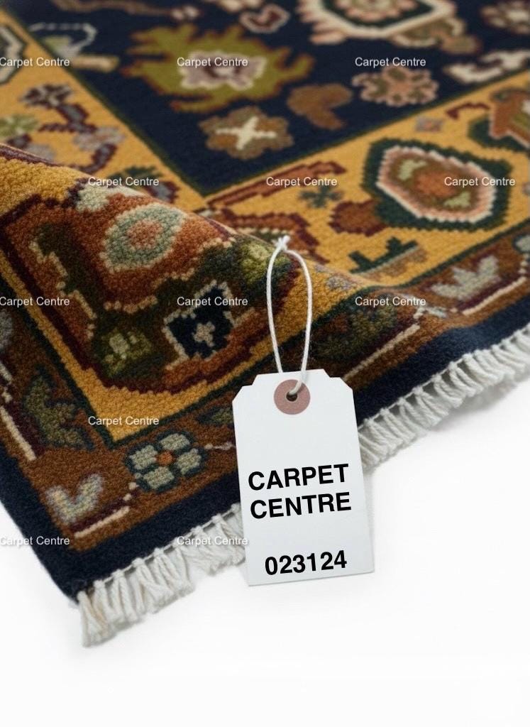Navy Blue Oushak Rug, Hand-Knotted Wool Rug, Gold Border