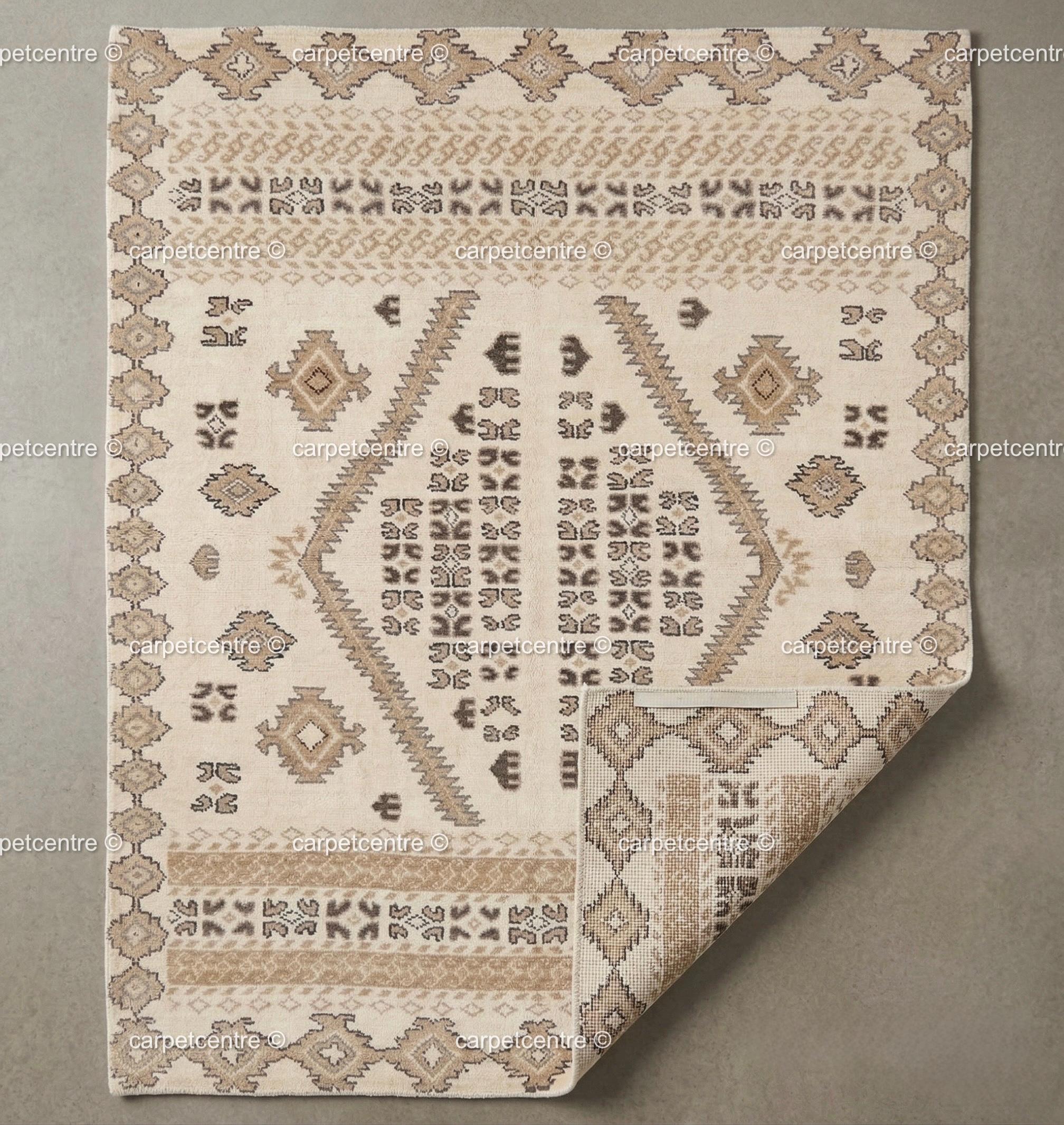 Hand-Knotted Oushak Wool Rug, Neutral Geometric Tribal Carpet, 8x10 9x12