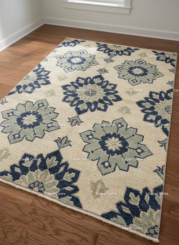 Handmade Ivory Oushak Wool Rug, Navy Blue & Sage Green Floral
