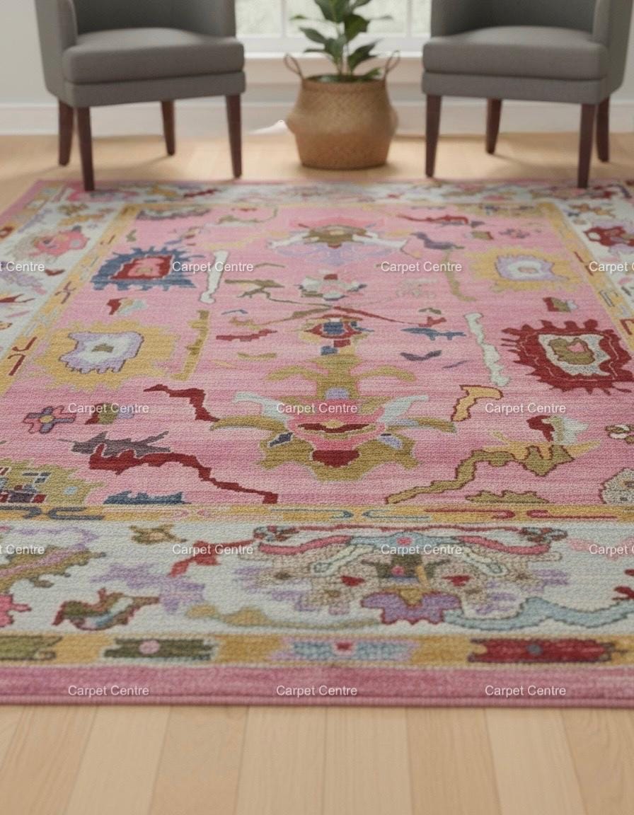 Pink Abstract Oushak Rug | Hand-Knotted Wool, Custom Sizes