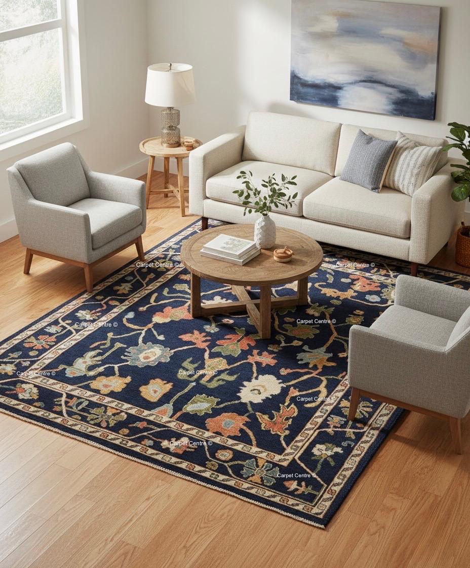 Navy Blue Wool Oushak Rug, Hand-Knotted Turkish Knot, William Morris Style