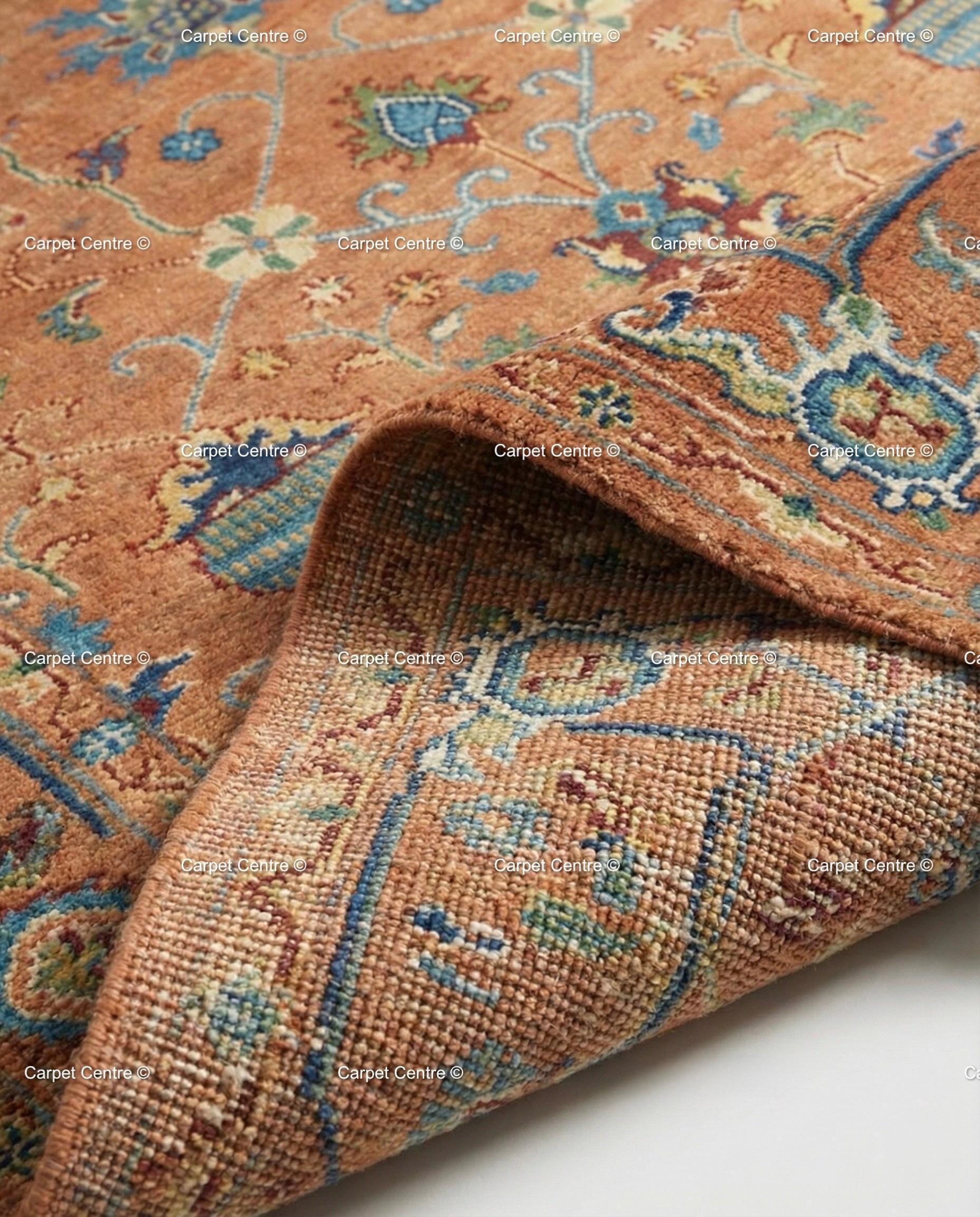 Hand Knotted Oushak Wool Rug, Rust Orange, Blue Floral Mahal