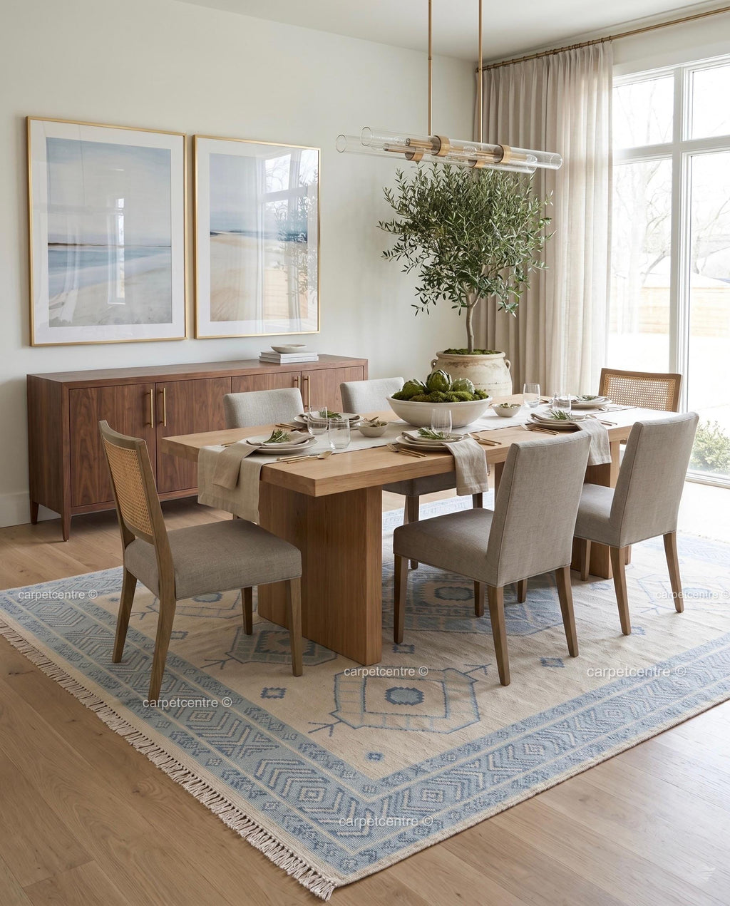 Hand-Knotted Wool Oushak Rug | Light Blue Cream Coastal Geometric Tribal Carpet