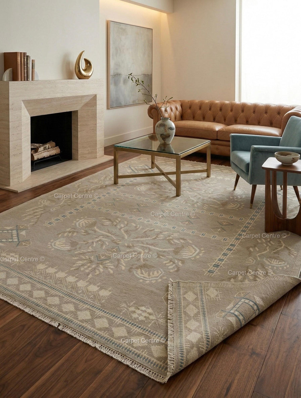 Hand Knotted Oushak Rug, Muted Taupe Geometric Wool Carpet, Boho Living Room Decor