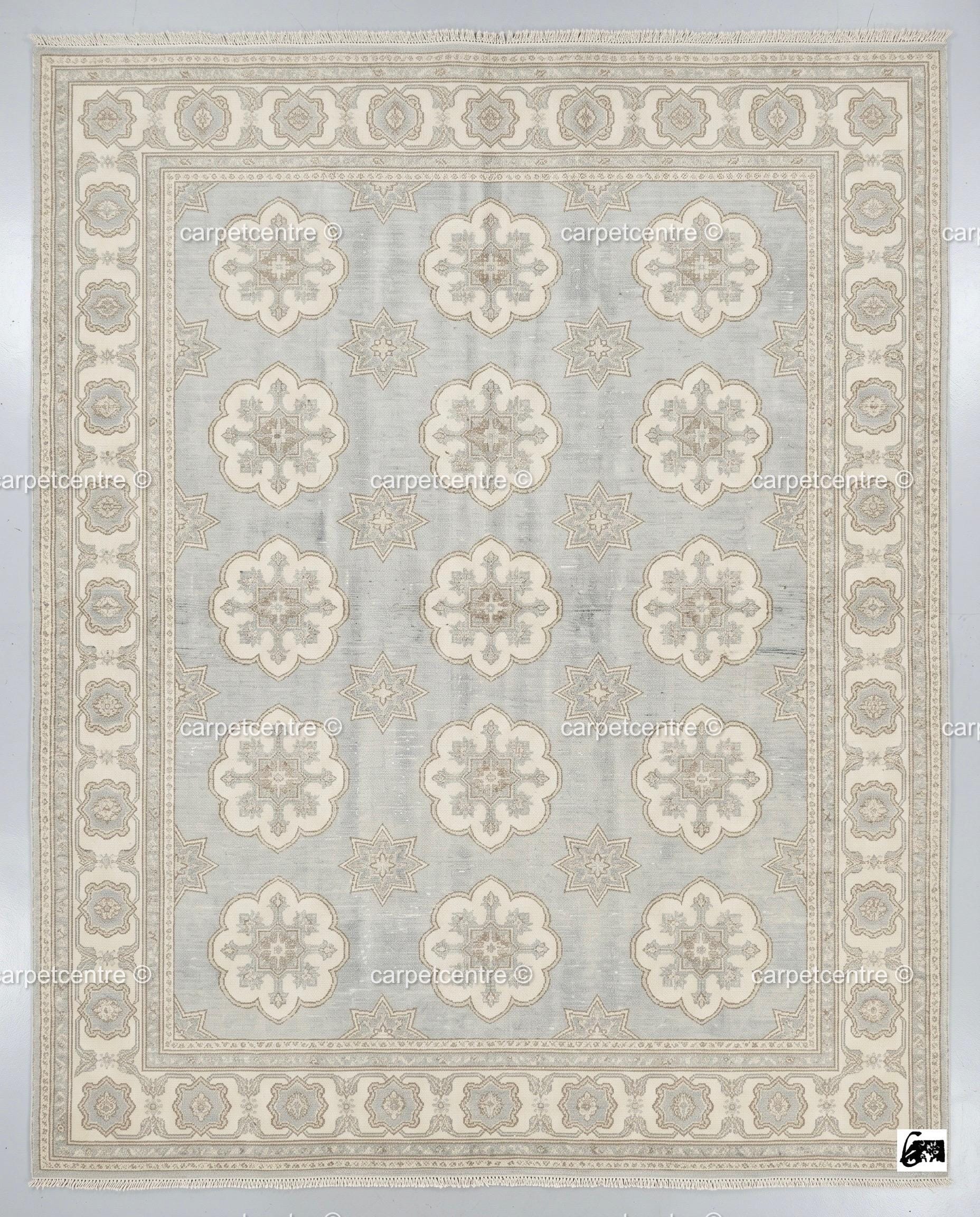 Hand-Knotted Oushak Rug | Light Blue Wool Floral Medallion Carpet | Vintage Boho Decor