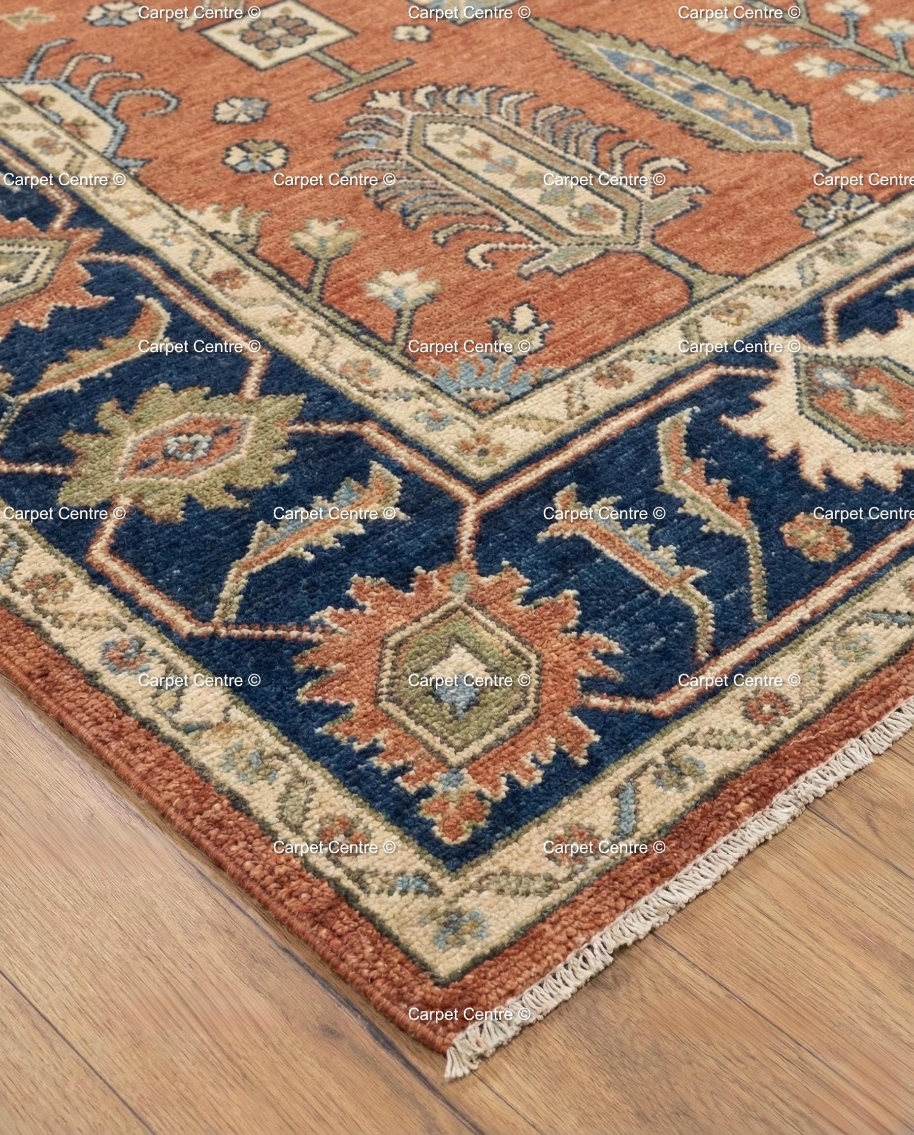 Hand Knotted Oushak Rug, Turkish Wool, Tree of Life, Terracotta & Navy