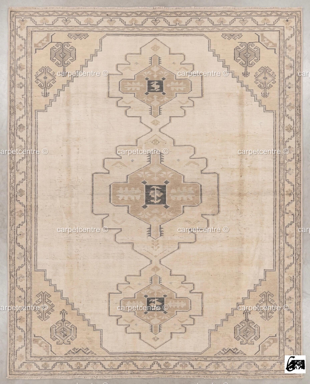 Hand-Knotted Wool Oushak Rug | Beige Tribal Geometric Medallion Living Room