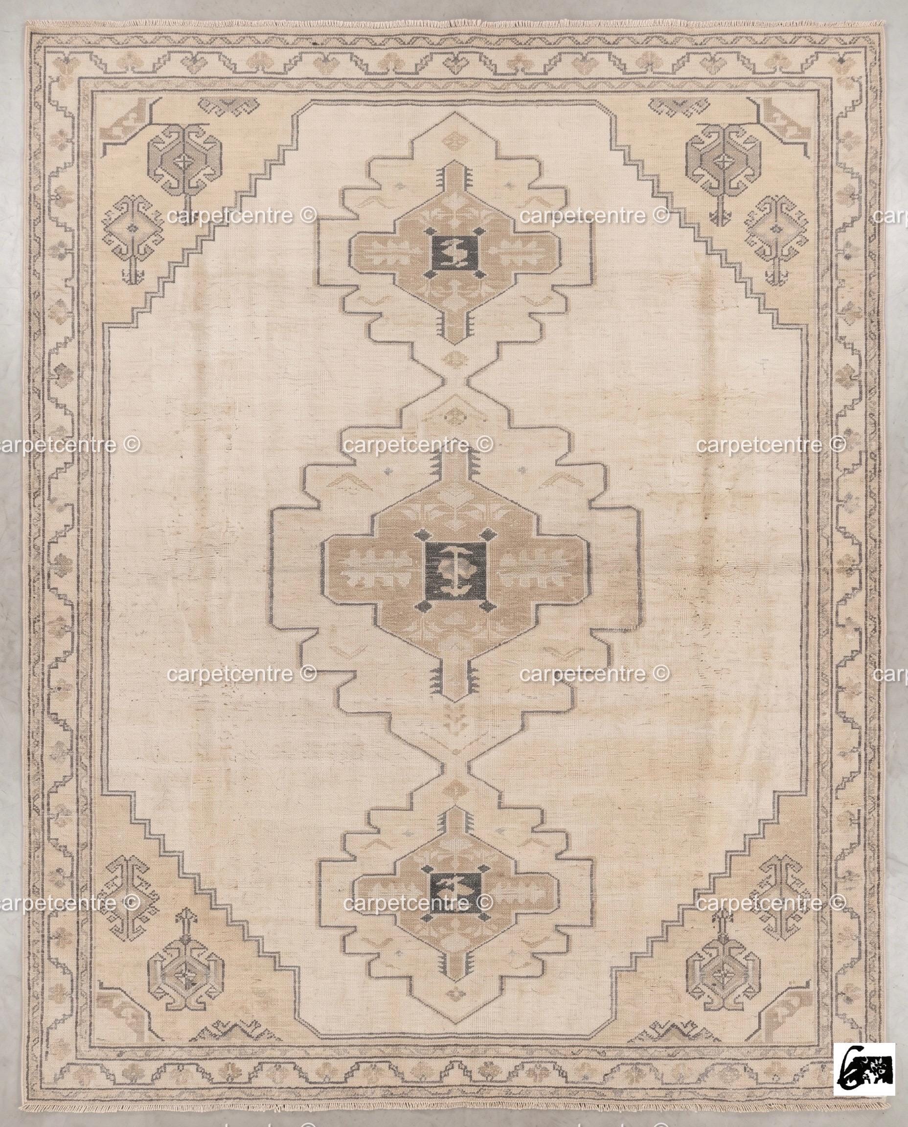 Hand-Knotted Wool Oushak Rug | Beige Tribal Geometric Medallion Living Room