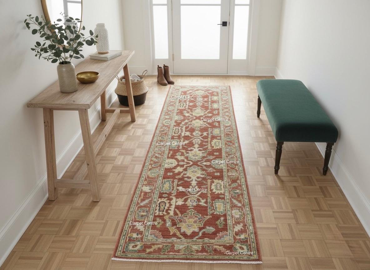 Hand-Knotted Terracotta Wool Runner Rug, Oushak Heriz Style, 2x10