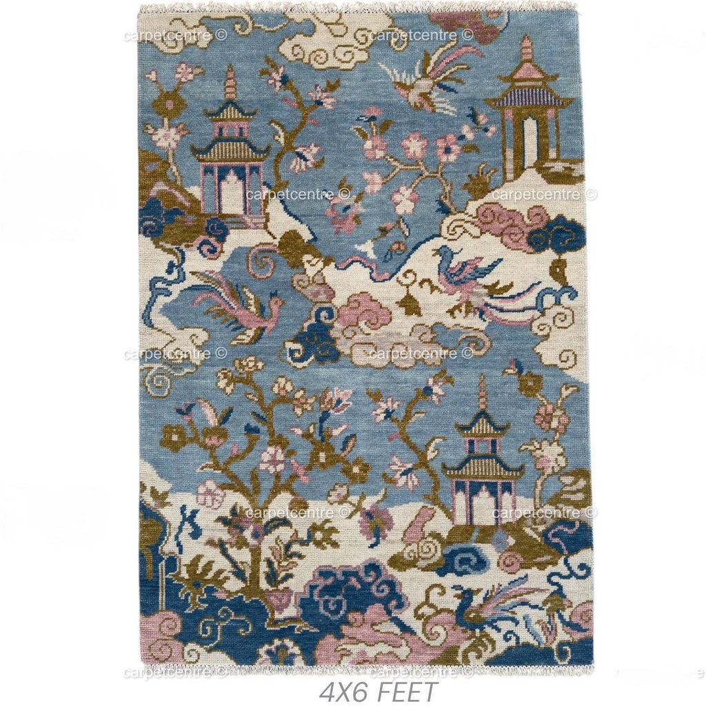 Sky Blue Chinoiserie Wool Rug,8x10 9x12 Hand-Knotted Turkish Living Room Bedroom Decor