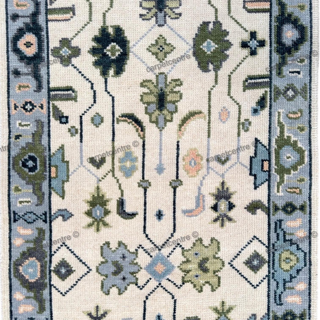 Hand Knotted Oushak Runner, Ivory Blue Wool Hallway Rug, Modern Farmhouse Style