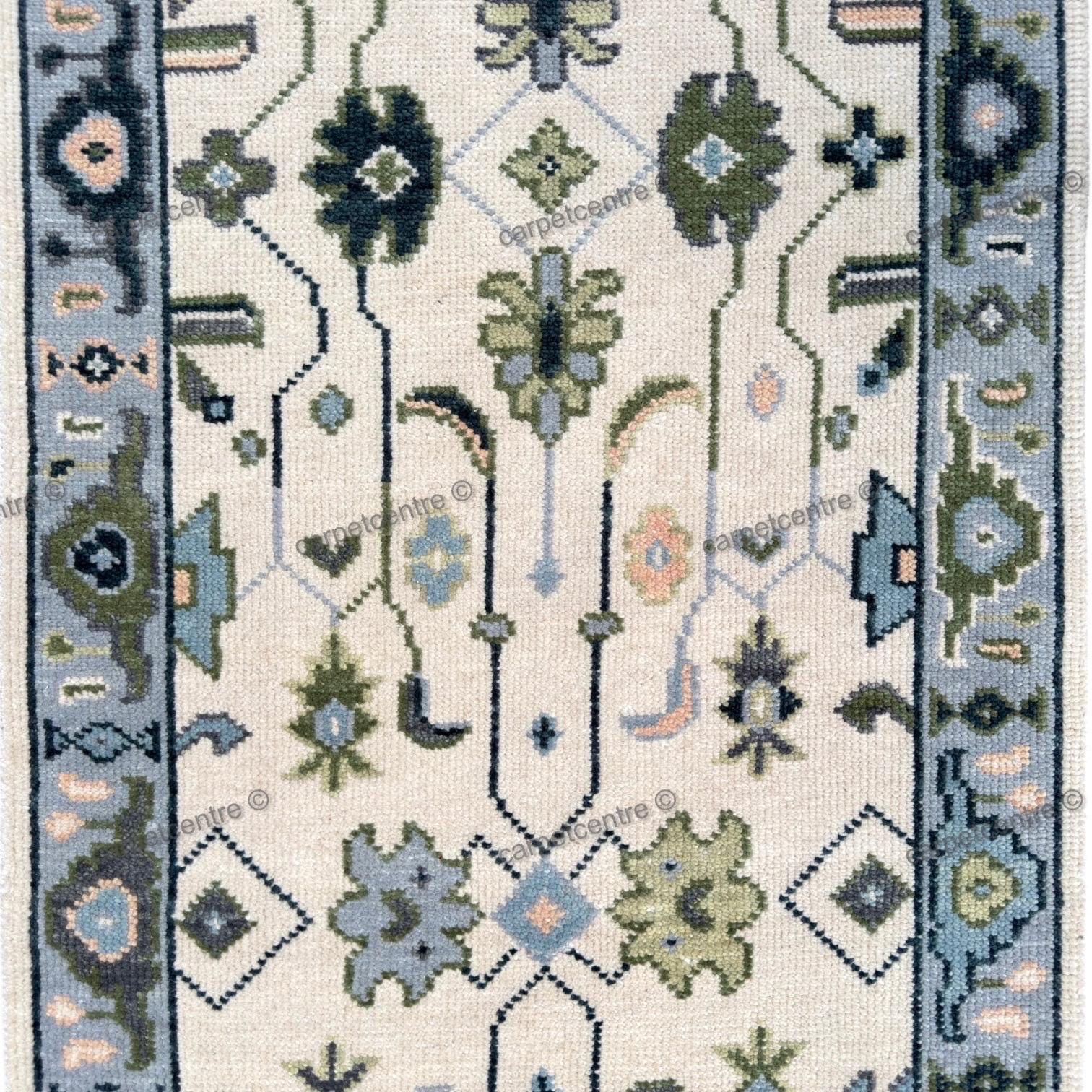 Hand Knotted Oushak Runner, Ivory Blue Wool Hallway Rug, Modern Farmhouse Style