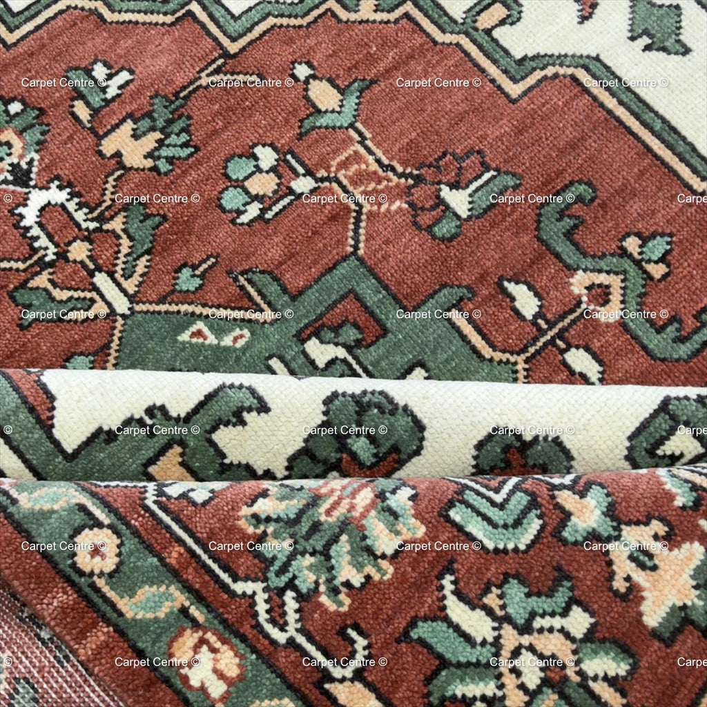 Hand Knotted Kazak Wool Area Oriental Geometric Green and Rust Carpet